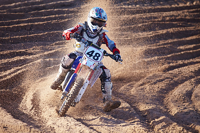 Buy stock photo Competition, dirt and bike with speed and power in desert for sports or challenge. Motorbike, action and trail with sand for race with sport or freedom in sand for adventure in outdoor with travel.
