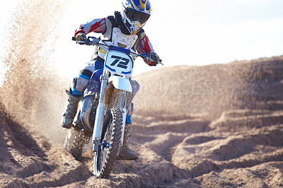 Buy stock photo Competition, sand and motorbike for sports with action for challenge on course with power. Speed, performance and desert with bike for race or adventure in outdoor with freedom or fearless driving