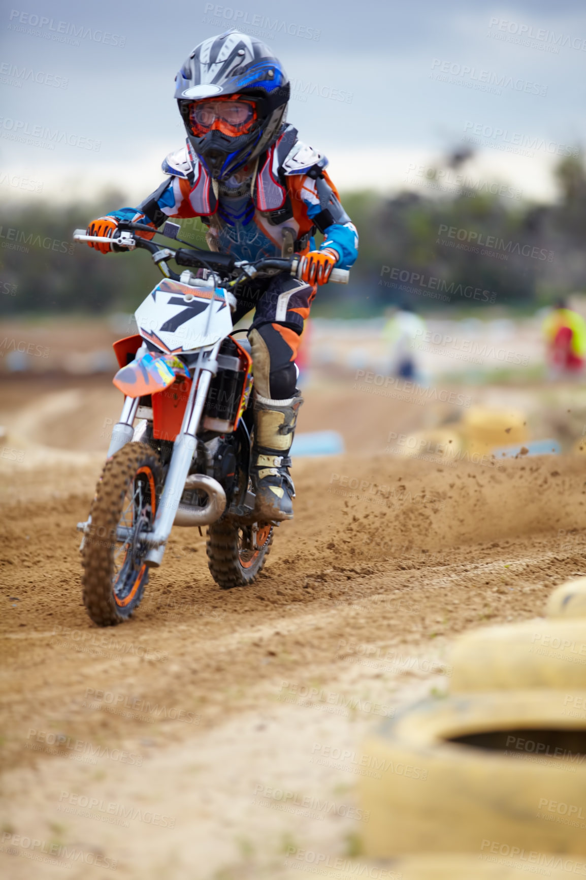 Buy stock photo Sports, dirt road and athlete riding a motorcycle with speed for a race or sport competition. Challenge, fitness and man biker on motorbike for adrenaline, training or practicing on outdoor mud trail