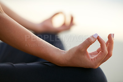 Buy stock photo Closeup, yoga and hands in gesture for meditation, zen or calm with cleansing of chakra by outdoor. Female person, practice and health for wellness with gyan mudra pose for breathing, relax or peace