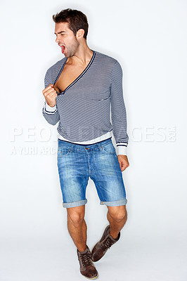 Buy stock photo Sexy, crazy and a man with fashion clothes on a white background with confidence. Shouting, young and a person, model or guy looking cool, stylish or trendy in clothing, shorts or hipster style