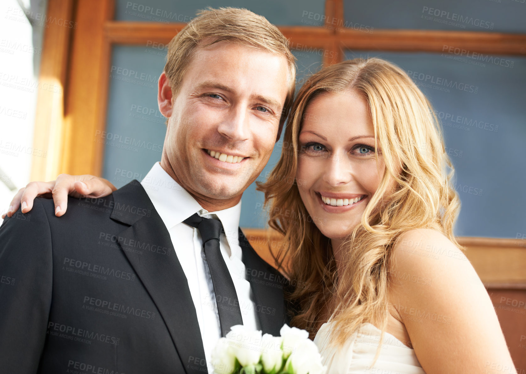 Buy stock photo Love, romance and portrait of couple with flower bouquet and smile for valentines day, luxury date or wedding. Flowers, man and woman dressed in elegant clothing to celebrate special valentine event.