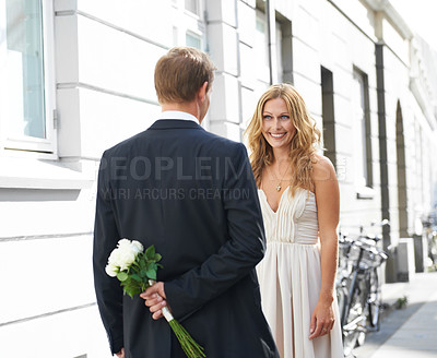 Buy stock photo Man, flowers and surprise with woman for valentines day, relationship or celebration for date. Male holding white roses or bouquet behind back for secret gift to celebrate the special month of love