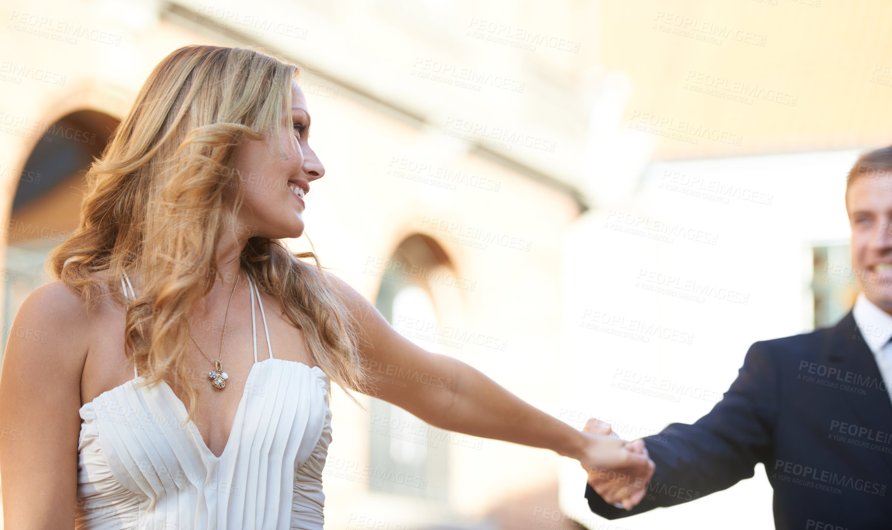 Buy stock photo Happiness, woman holding hands with man and celebration for wedding, achievement and outdoor. Romance, couple touch hand or happy with romantic gesture, elegant or ceremony with smile or quality time