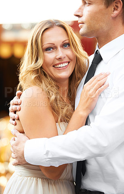Buy stock photo Love, couple and hug at party, smile and celebration for wedding, relationship and happiness for romance. Portrait, man and woman embrace, romantic or excited for marriage, loving or bonding together