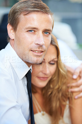 Buy stock photo Selfie, portrait and couple hug on first date, anniversary or valentines day while bonding outdoor together, happy and sweet. Face, picture and man with woman for photo, romance on blurred background