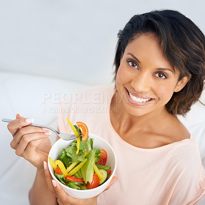 Buy stock photo Lunch, salad and portrait of happy woman eating for nutrition, health and wellness in diet. Healthy food, fruit and vegetables in bowl for meal on sofa in home living room with happiness and a smile