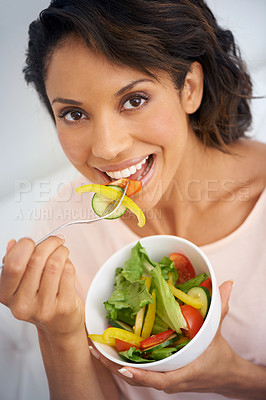 Buy stock photo Happy woman, portrait and eating vegetable salad in bowl for diet, snack or natural nutrition in kitchen at home. Face of female person smile with organic food for fiber, vitamin or healthy meal