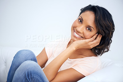 Buy stock photo Fashion, smile and portrait of woman on sofa with casual, trendy and stylish outfit in living room. Happy, positive and young female person from Mexico with cool style relaxing in the lounge at home.