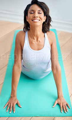 Buy stock photo Yoga, fitness and happy woman stretching on floor for flexibility, training for mental health wellness. Pilates, workout and female athlete with body warm up, exercise or stress relief sports routine