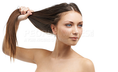 Buy stock photo Beauty, strong hair and woman isolated in studio with salon hairstyle, confidence and cosmetic keratin. Luxury haircare, natural style and face of model girl with healthy growth on white background.