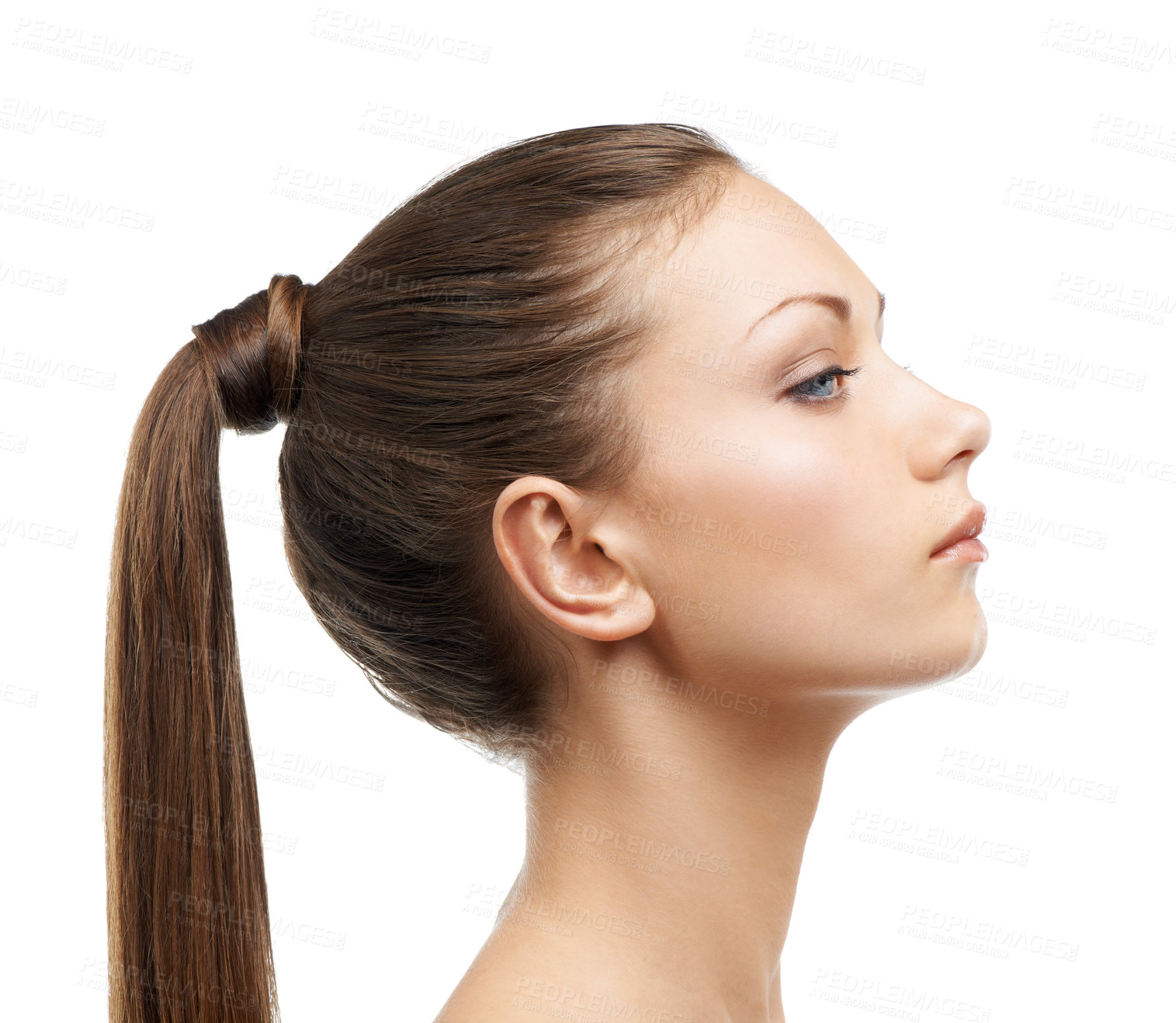 Buy stock photo Beauty, hair and profile of woman isolated in studio with salon hairstyle, confidence and cosmetics. Haircare, natural aesthetic and face of model girl with healthy style growth on white background.
