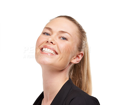 Buy stock photo Portrait, smile and confidence with a business woman in studio isolated on a white background for work. Face, management and a happy human resources employee looking confident as a professional