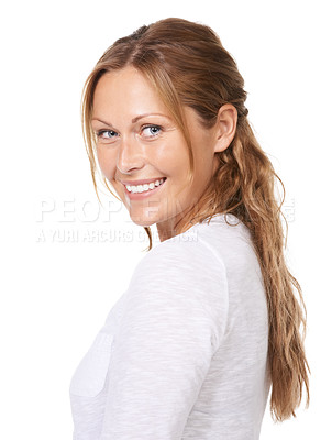 Buy stock photo Woman, smile and portrait beauty in studio isolated on white background, calm or confident. Female person, model and natural face as mockup space for cheerful mood or casual peace, friendly in Canada