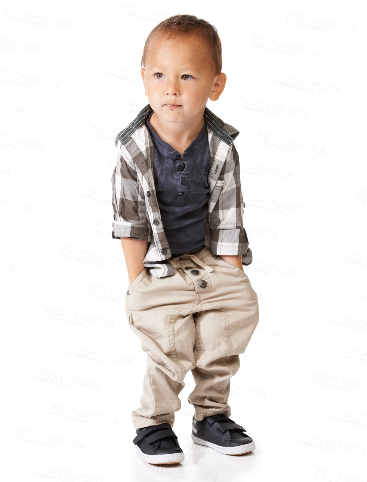 Buy stock photo Fashion, children and a trendy boy in studio isolated on a white background for youth style. Kids, style and a cool young model in a casual clothing outfit with hands in his pockets to relax