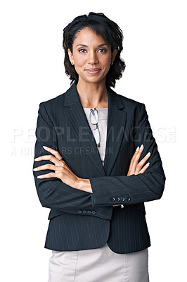 Buy stock photo Business, woman and arms crossed portrait in studio as financial manager or professional career clothes, proud or style. Black person, face or confident employee as mockup, white background for smile