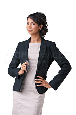 Buy stock photo Business, woman and portrait in studio for professional worker, mockup on white background. African person, model or face proud hip pose for corporate confidence, formal work fashion or ambition