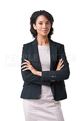 Buy stock photo Businesswoman, portrait or arms crossed professional in studio or career confident, style or formal fashion. Black person, face or mockup space white background or pride, job clothes or suit blazer