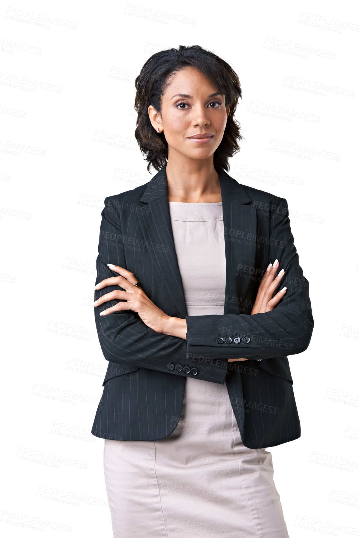 Buy stock photo Businesswoman, portrait or arms crossed professional in studio or career confident, style or formal fashion. Black person, face or mockup space white background or pride, job clothes or suit blazer