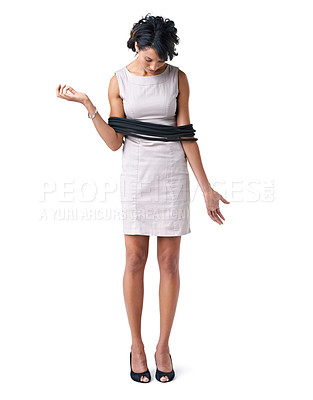 Buy stock photo Woman, corporate and slavery with rope for white background in studio for mock up in New York. African person, professional or hostage in business, bound and tied up for silence of work conspiracy 