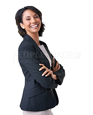Buy stock photo Businesswoman, portrait or arms crossed professional in studio confident, positive mindset or formal fashion. African person, face or smile mockup or white background, job clothes or happy employee