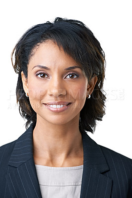 Buy stock photo Portrait, happy woman and smile for business in studio for mock up on white background in New York. Black person, professional or consultant in finance with modern look for corporate fashion in space
