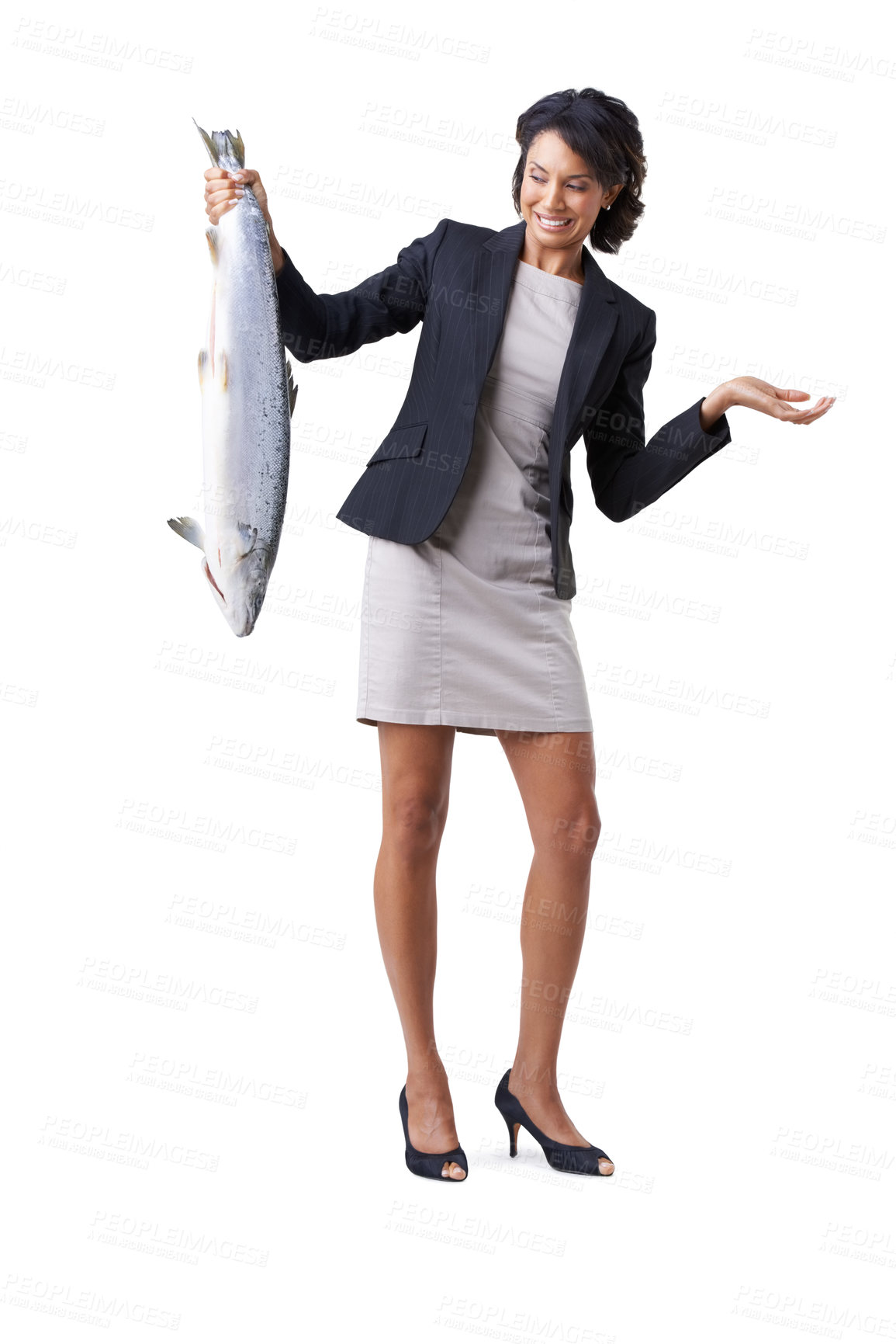 Buy stock photo Shrug, business and a woman with a fish on a white background for marine biology. Doubt, confused and an employee with food from fishing with expression for question, crazy or worry about a mess