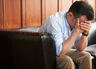 Buy stock photo Sad, man and stress on sofa in waiting room with loss of job from mistake or failure. Businessman, crying and sitting on couch with fear of unemployment, anxiety or frustrated with problem at work