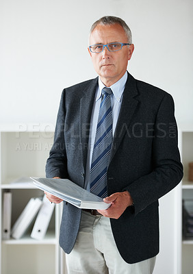 Buy stock photo Businessman, expert or portrait documents in office for company contract, report information or confidential file. Male person, face and paperwork folder for corporate agreement, decision or project
