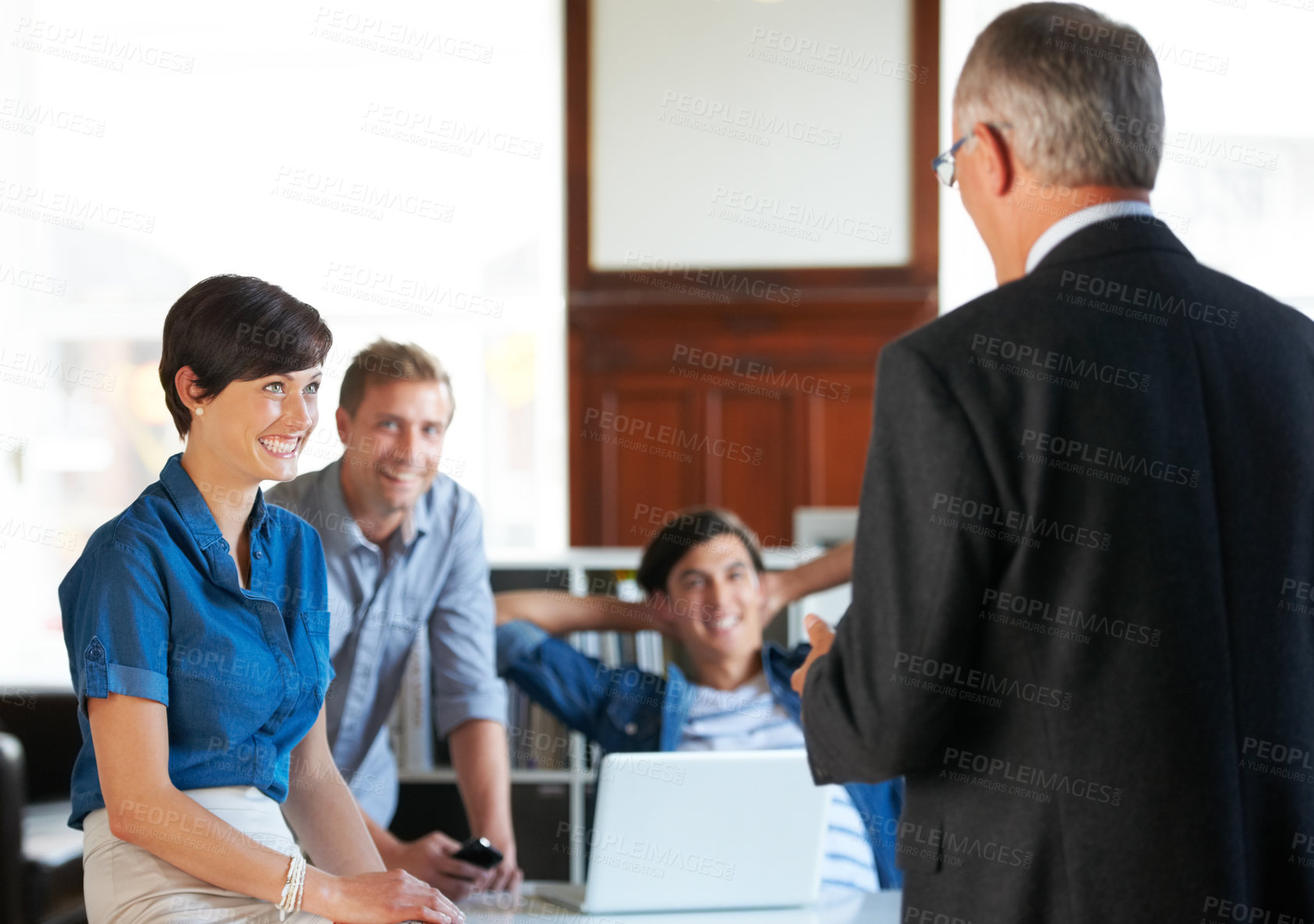 Buy stock photo Business meeting, men and woman with smile for planning, strategy or brainstorming with partnership, collaboration or technology. Employees, people and presentation in office at workplace or company