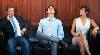 Buy stock photo People, recruitment and tired for job hiring, opportunity and position for career. Candidates, face and confident for interview, human resources and fatigue or exhausted, waiting room on couch