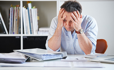 Buy stock photo Head, business and man with stress, tired and fatigue with a new project, documents and chaos. Male person, employee and architect with mental health issue, depression and migraine with paperwork 