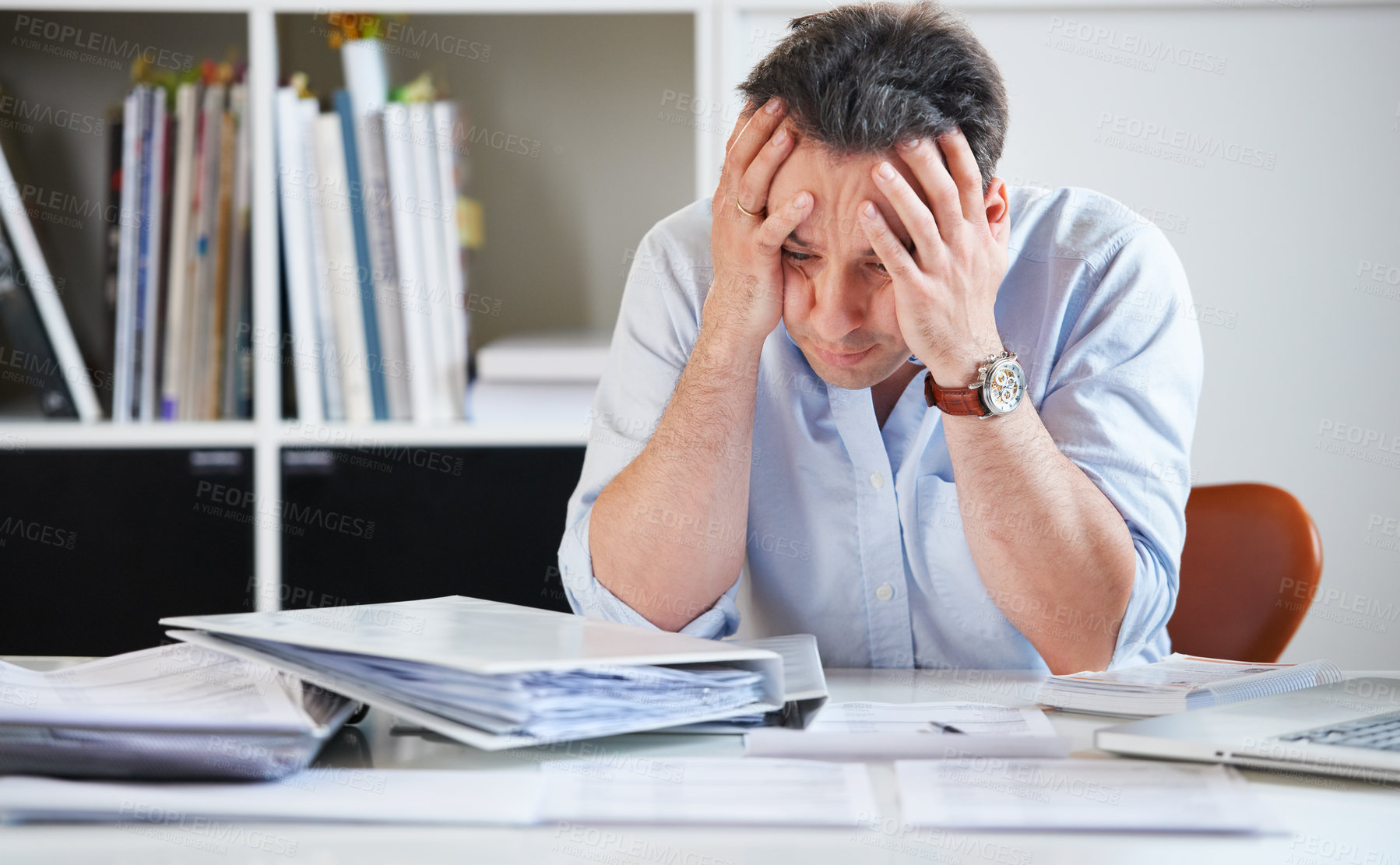 Buy stock photo Head, business and man with stress, tired and fatigue with a new project, documents and chaos. Male person, employee and architect with mental health issue, depression and migraine with paperwork 
