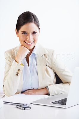 Buy stock photo Smile, laptop and portrait of business woman in office with confidence working on a legal case. Happy, professional and attorney from Canada doing research on computer for law project in workplace.
