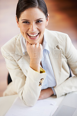Buy stock photo Happy, smile and portrait of business woman in office with confidence working on a legal case. Pride, professional and attorney from Canada doing research and planning for law project in workplace.