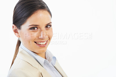 Buy stock photo Smile, portrait and business woman in a studio with positive, good and confident attitude. Mockup, pride and headshot of professional female corporate lawyer from Canada isolated by white background.