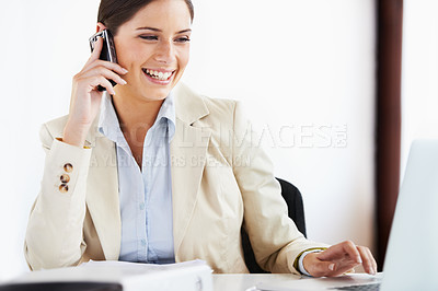 Buy stock photo Businesswoman, phone call and smile for communication in office, conversation and discussion on mobile. Happy female person, laptop and research for company, networking and connection on smartphone