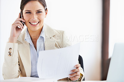 Buy stock photo Businesswoman, smile and phone call with document in office for conversation, consultation or talk. Professional, female manager and happy with result, report or paperwork in hand for company growth