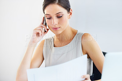 Buy stock photo Paperwork, documents and woman on a phone call in office for communication or Human Resources. Negotiation, cv or portfolio for recruitment of hr worker with about us, faq or we are hiring offer
