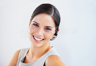 Buy stock photo Happy woman, call center portrait and customer service, e commerce or telemarketing on a white background. Face of business consultant or advisor in headphone for virtual chat or contact us in studio