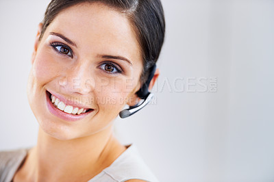 Buy stock photo Business woman, call center portrait and customer service, e commerce or telemarketing on a white background. Face of consultant, advisor or agent in headphone in virtual chat or contact us in studio