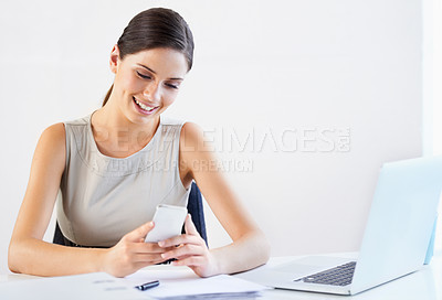 Buy stock photo Business woman, paperwork or planning on a phone for reading data, news and documents for report. Smile, laptop and happy worker in office on website typing to research on social media blog on break