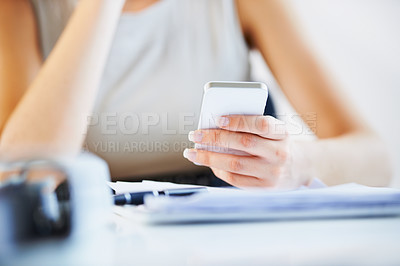 Buy stock photo Business woman, paperwork or hands on a phone for reading data, news and documents for report. Closeup, laptop or worker in office on website typing to research on social media blog on break to relax