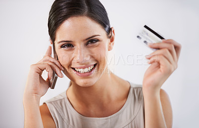 Buy stock photo Happy woman, call and credit card for white background with portrait for e commerce, fintech or digital banking. Female entrepreneur, smile and excited for online purchase with phone, web and app