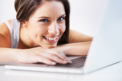 Buy stock photo Laptop, relax or face of happy woman in office typing, writing email or web surfing for research analysis. Internet. Business, computer or happy female worker working on pc planning at desk in agency