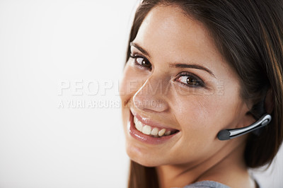 Buy stock photo Woman, call center and telemarketing portrait for e commerce sales, communication and chat on a white background. Face of a young consultant or telecom agent with headphone for contact us in studio