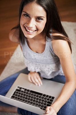 Buy stock photo Top view, laptop or portrait of happy woman on floor for e learning, online education or typing for university. Remote work, relax or student on computer to research info on a college website in home