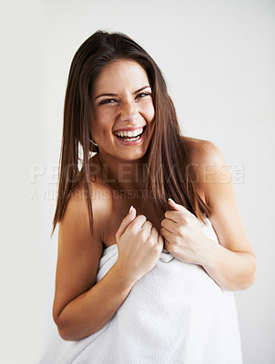 Buy stock photo Hair care, laughing or portrait of happy woman after shower, cleaning or beauty routine in studio. Hairstyle, detox results on white background or lady with smile, natural skincare or healthy texture