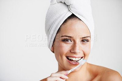 Buy stock photo Woman, smile and toothbrush for dental hygiene, teeth whitening and healthcare for gums in portrait. Happy female person, face and cleaning mouth for protection, care and brushing routine in mockup