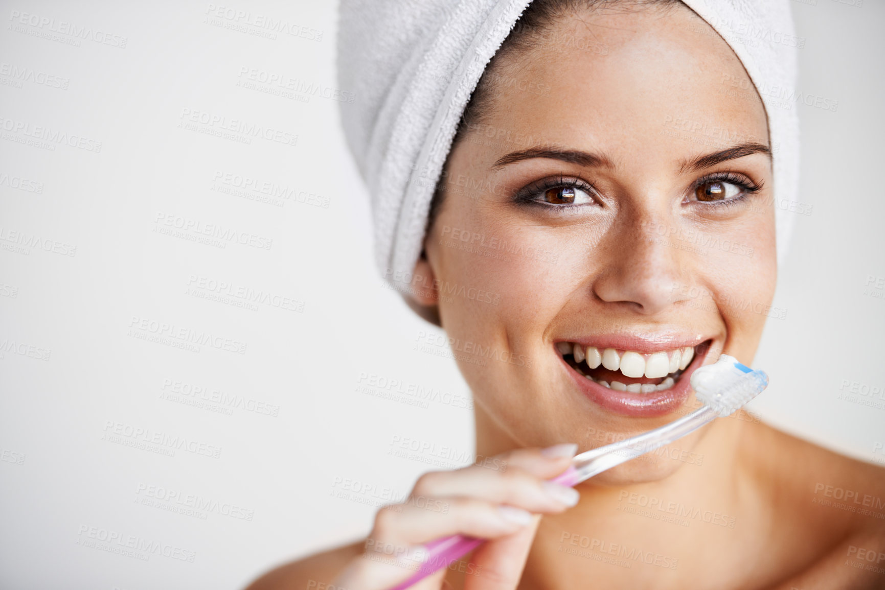 Buy stock photo Woman, smile and brushing for dental hygiene, teeth whitening and healthcare in studio portrait. Happy female person, face and cleaning mouth for protection, care and toothbrush or routine in mockup